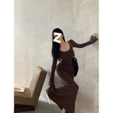 fashion outfits Early Autumn Brown Long-Sleeved Knitted Dress Women's Slim-Fit Draping Tight Waist A- line Midi Dress Retro Elegant Skirt